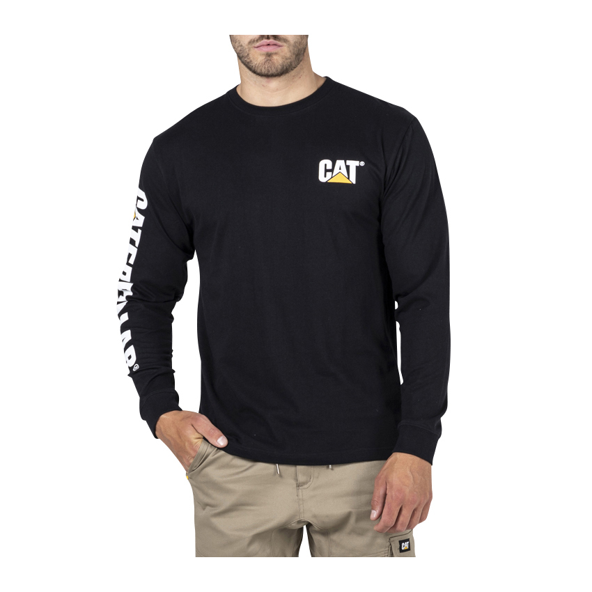 Caterpillar Trademark Banner L/S Men's T-Shirts Black | Cat-613725