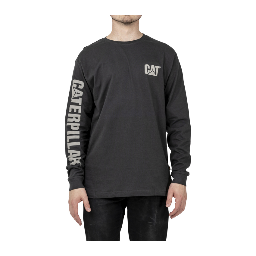 Caterpillar Trademark Banner Long Sleeve Men's T-Shirts Dark Grey | Cat-145623